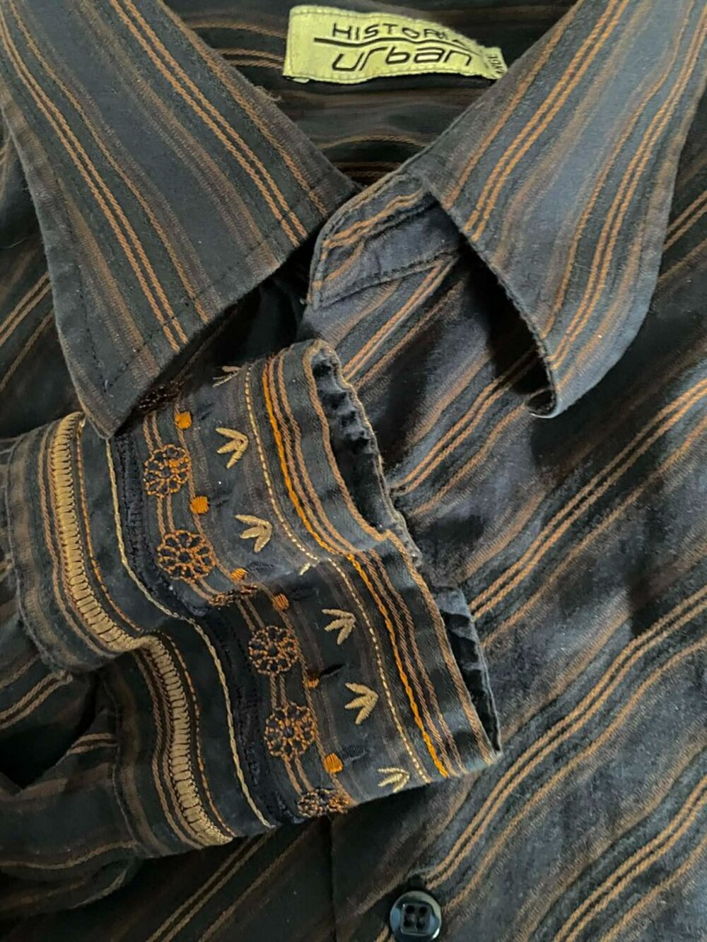 HISTORIA URBAN COTTON SHIRT, BLACK AND RUST DIAG. STRIPES EMBROIDERED size L,